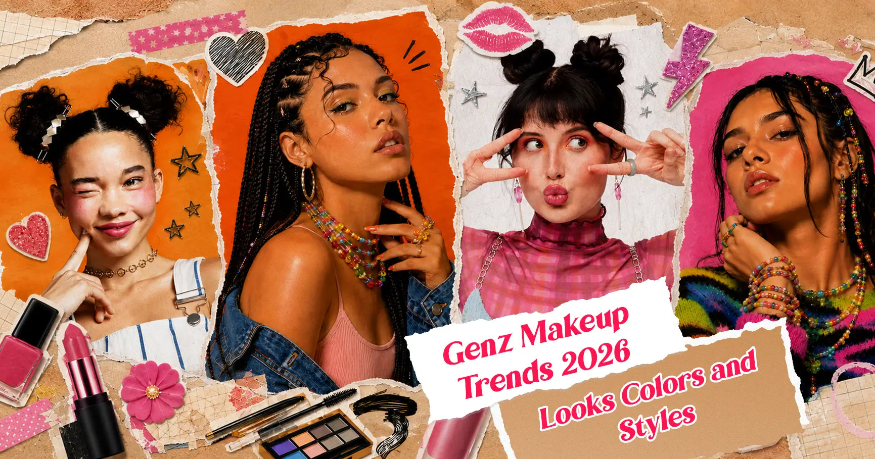BORN16 Gen Z makeup trends 2026 featuring colorful makeup looks, lipstick, and eye makeup styles