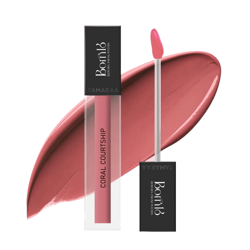 Born18 Tamara Coral Courtship - Coral pink liquid lipstick with product swatch