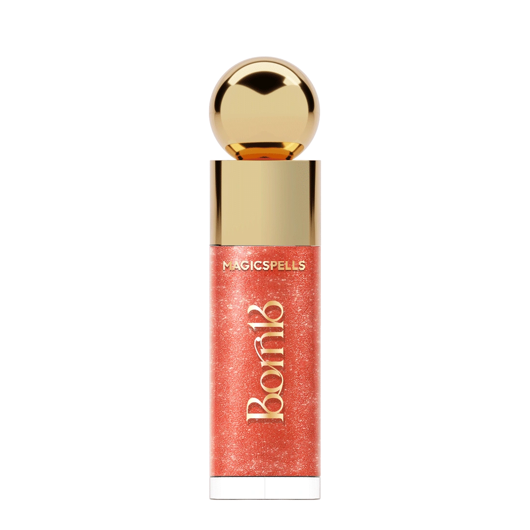 Born16 Magic Spells Brownie Baddy shimmer lip gloss with glossy nude brown sparkle finish