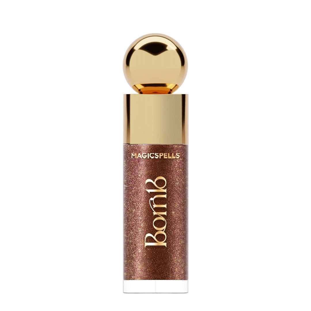 Born18 Cocoa Mirror MagicSpells lip gloss in rich chocolate brown shade with gold cap