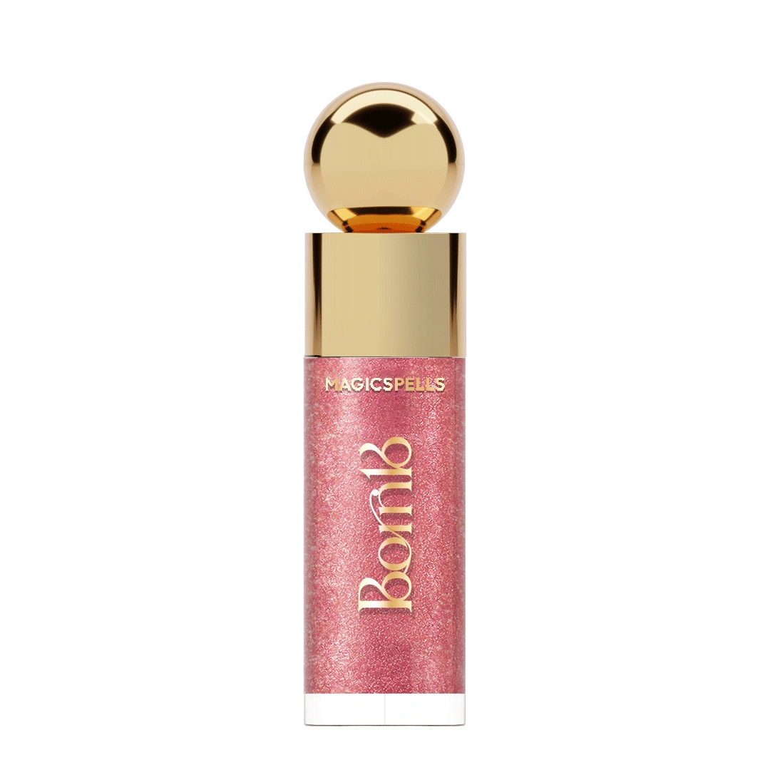 Born18 Kiss Theory MagicSpells lip gloss in shimmering pink rose shade with gold cap