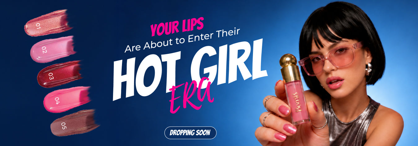 Born16 Hot Girl Era lip gloss banner with 5 shades and model holding gloss
