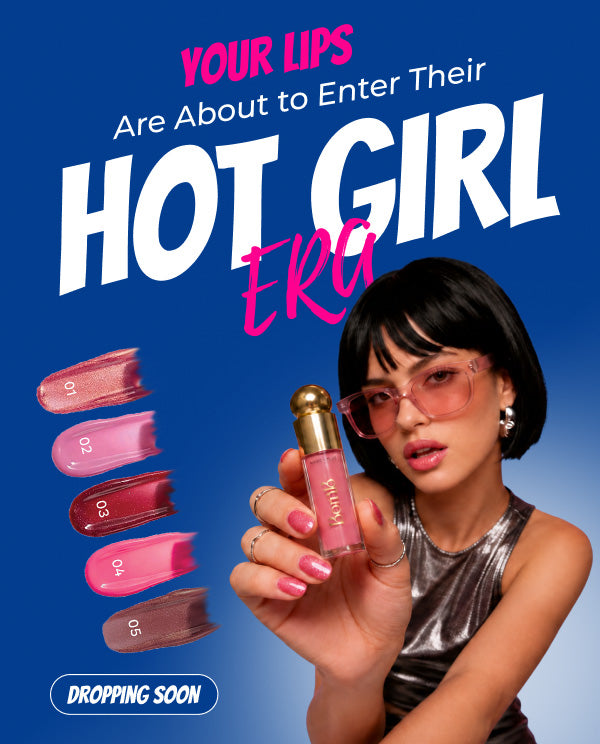Born16 lip gloss Hot Girl Era banner with model and glossy lip shades